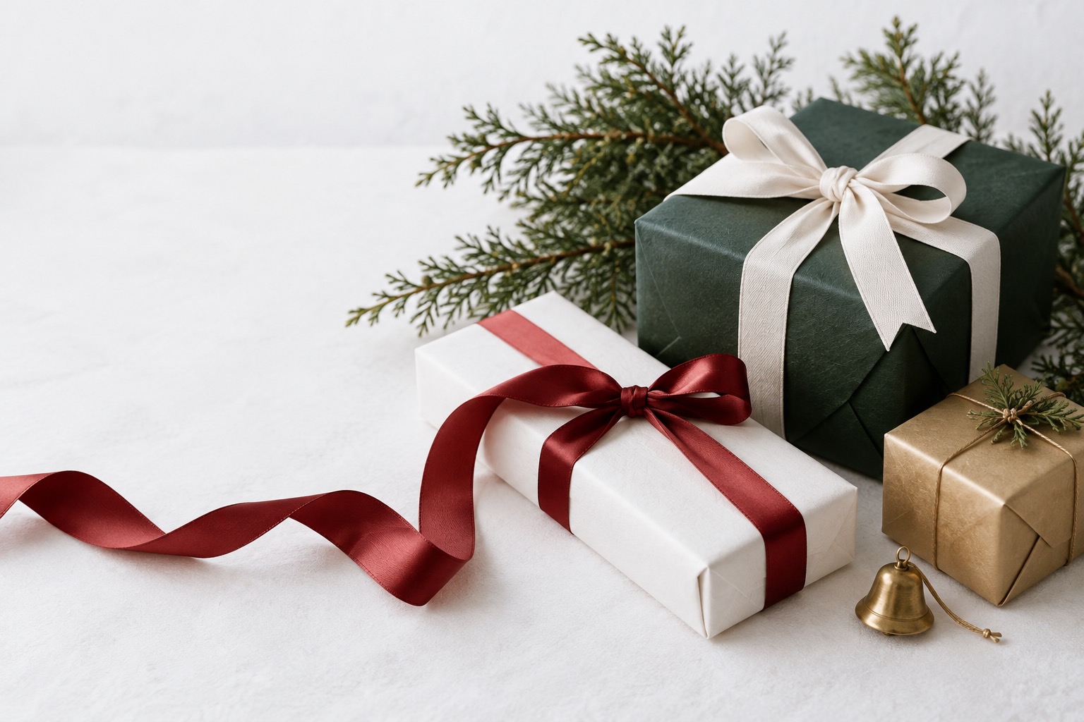 Thoughtfully wrapped green, white, and gold gifts with cranberry ribbon